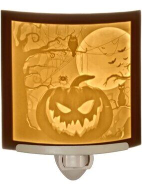 Fall Themed Pumpkin Night Light - Etched Porcelain Wall Plug for Kitchen & Bath